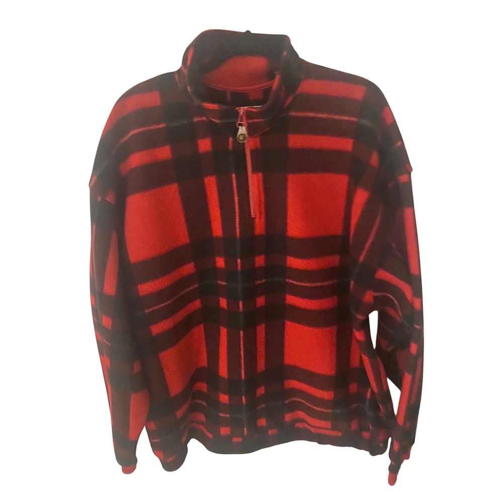 Bugle Boy Mens XXL Red Black Plaid Quarter Zip Fleece Pullover Fishing Patch